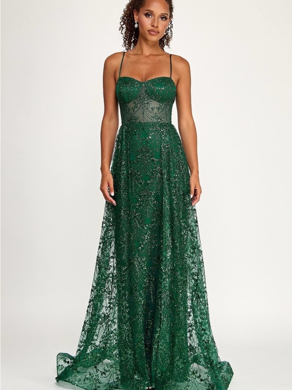 Deep Green Lace Sequin Maxi Dress with Spaghetti Straps